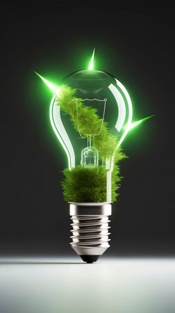 Green light bulb with grass growing inside. Eco concept. 3D renderingの素材