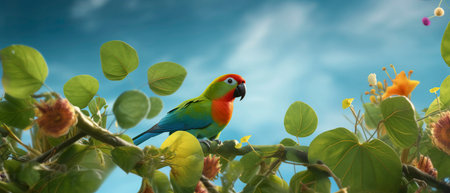 Parrot in the garden with blue sky background,3d renderの素材