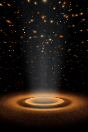 Round stage with golden light and spotlights. 3D rendering.の素材