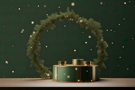 3d render of green christmas background with podium and wreathの素材