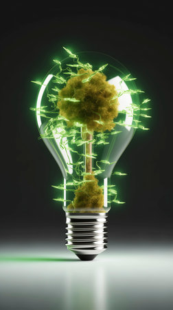Green tree inside a light bulb on a dark background. 3D rendering.の素材