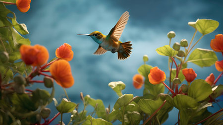 Hummingbird in flight with flowers in the background. Collage.の素材