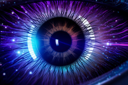 Close up view of human eye with glowing iris.の素材