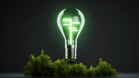 Glowing green lightbulb on green grass over dark background.の素材