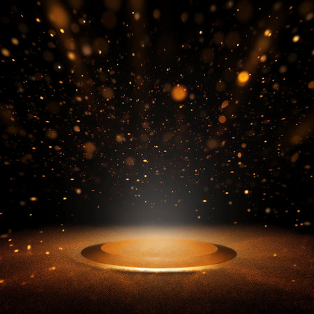 Golden Stage Spotlight with Spotlights and Black Background.の素材