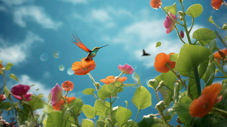 Hummingbird flying over flower garden.の素材