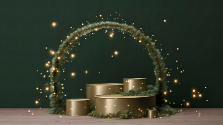Podium display with Christmas tree and arch for product presentation.の素材