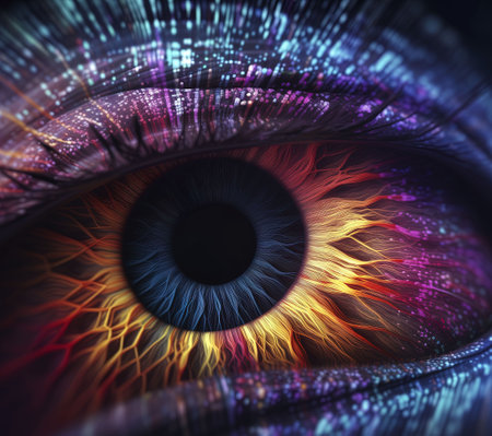 Eye with glowing iris, computer generated abstract background, 3D renderingの素材
