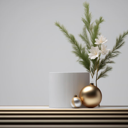 Christmas decoration on the table. White minimal podium with christmas balls and pine branch.の素材