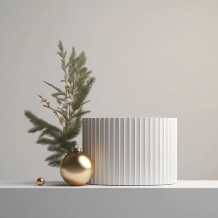 Christmas decoration on the table. White minimal podium with christmas balls and pine branch.の素材