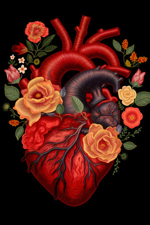 Vector illustration of human heart in vintage style on the black background.の素材