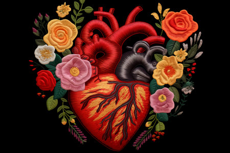 Illustration of a heart with flowers and leaves on a black backgroundの素材