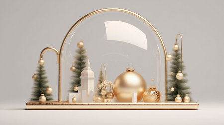 3d render of Christmas ornaments in a snow globe.の素材