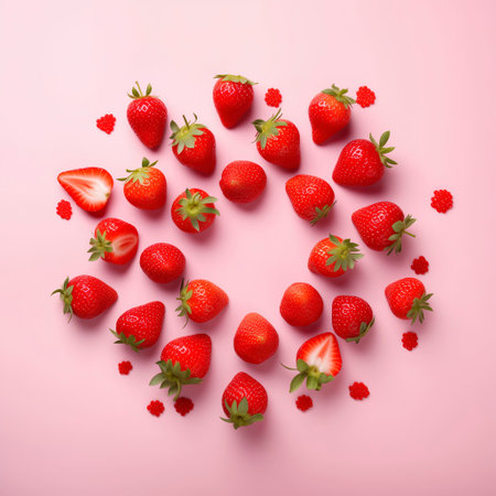 Strawberry in the form of heart on a pink background.の素材