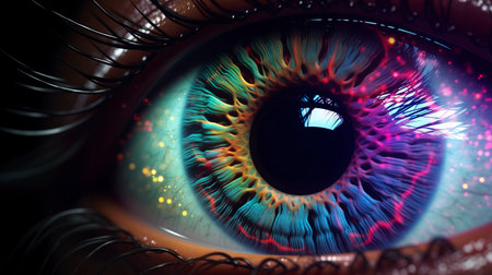 Close-up of human eye with glowing iris.の素材