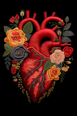Embroidery heart and roses on a black background. Vector illustrationの素材