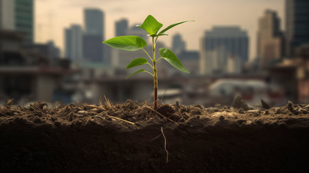 Green seedling growing from soil on blurred city background. Ecology conceptの素材