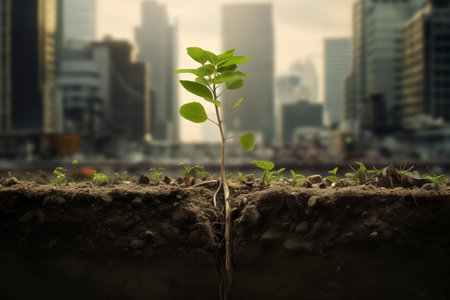 Green sprout growing from soil on blurred city background. Ecology conceptの素材
