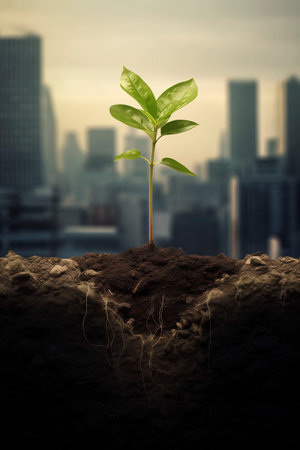 Green sprout growing from soil with cityscape background, ecology concept.の素材