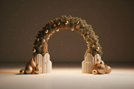 3d rendering christmas tree with golden baubles and archの素材