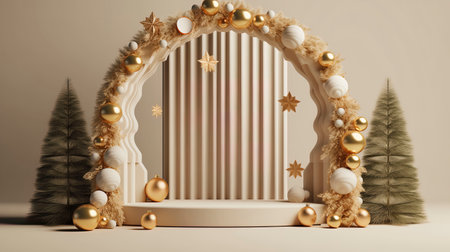 3d render of Christmas product display podium and Christmas tree decorations.の素材