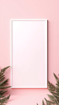 Poster mockup with palm leaves on pink background. Flat lay, top view.の素材