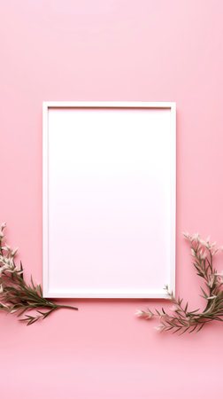 Flowers composition. Frame mockup on pastel pink background. Flat lay, top view, copy spaceの素材