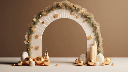 Christmas background with white arch and golden decorationsの素材
