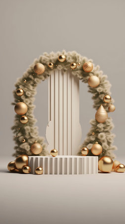 White podium with christmas tree and golden ballsの素材