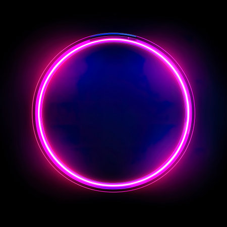Neon circle. Glowing neon circle on dark background. Vector illustration.の素材