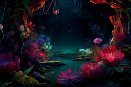 Underwater scene with colorful flowers and plants. 3D illustration.の素材
