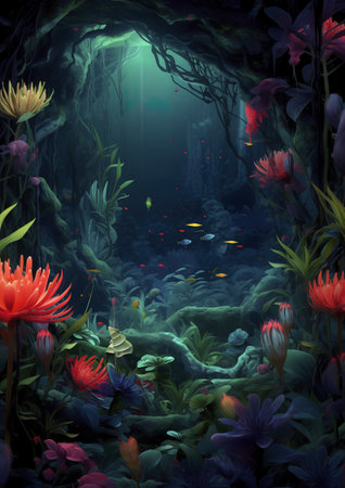 Underwater scene with fish, plants and flowers. Digital painting.の素材