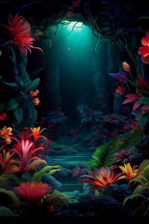 Illustration of an underwater cave full of flowers and plants with a moon in the backgroundの素材