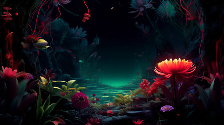 Underwater landscape with red flowers and plants. 3D illustration.の素材