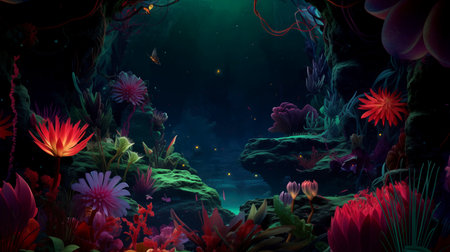 Underwater scene with colorful flowers and plants.の素材