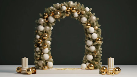 Christmas decoration on an arch. Christmas wreath podium with golden balls and candles.の素材