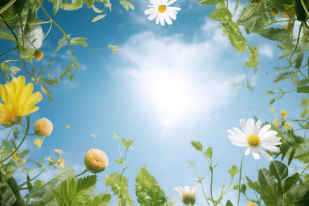 White daisies and blue sky with white clouds. Nature backgroundの素材