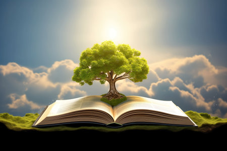 Tree growing from an open book on green grass and blue sky backgroundの素材