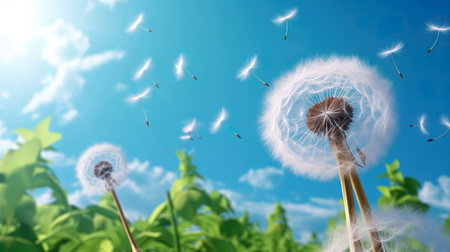 Dandelion seeds fly in the wind against the blue sky.の素材