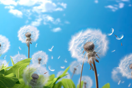 Dandelion seeds on blue sky background. 3d illustration.の素材
