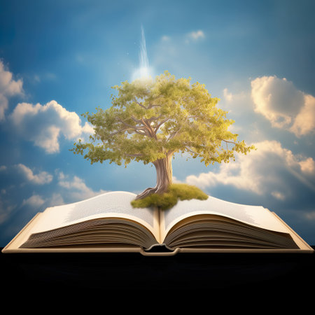 Open book with tree growing out of pages on blue sky background.の素材