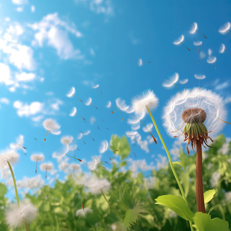 Dandelion seeds on the background of the blue sky and white cloudsの素材