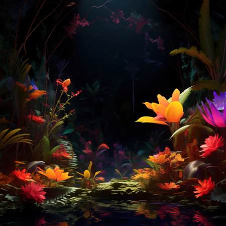 colorful flowers in the water with dark background. 3d renderの素材