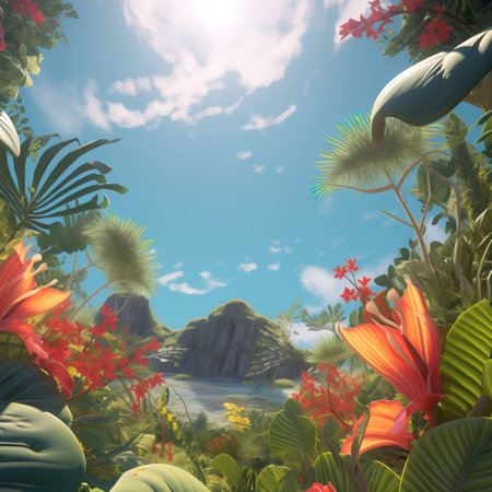 Beautiful tropical landscape with palm trees and flowers. 3d renderの素材