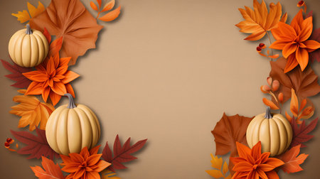 Autumn leaves and pumpkins on brown background. Vector illustration.の素材