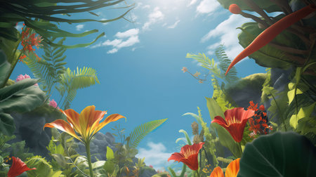 3d render of tropical plants and flowers on blue sky background.の素材