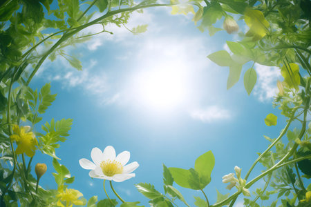 Spring background with green leaves and white flowers against blue sky with cloudsの素材
