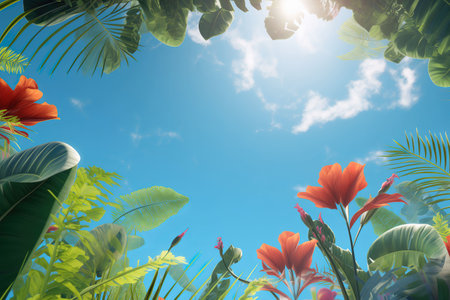 Tropical leaves and flowers on blue sky background with copy spaceの素材