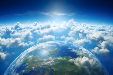Earth view from space on a background of blue sky with clouds.の素材
