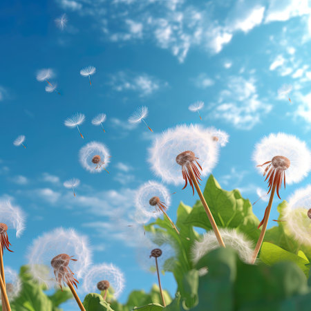 Dandelion seeds flying in the blue sky. 3d renderingの素材